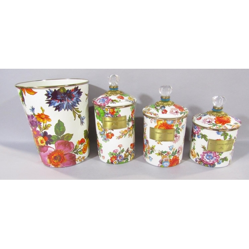 544 - Three graduate McKenzie - Child’s biscuit barrels and a utensil jar all with an all over bright flor... 