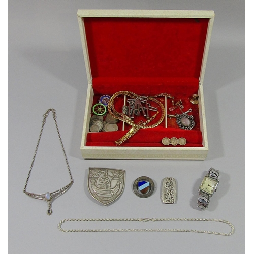 433 - Collection of costume jewellery to include a University College Hospital white metal nurses buckle w... 