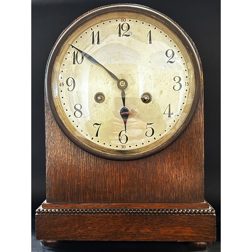 509 - Oak mantle clock with two train striking movement, further example with carved and shaped oak case w... 