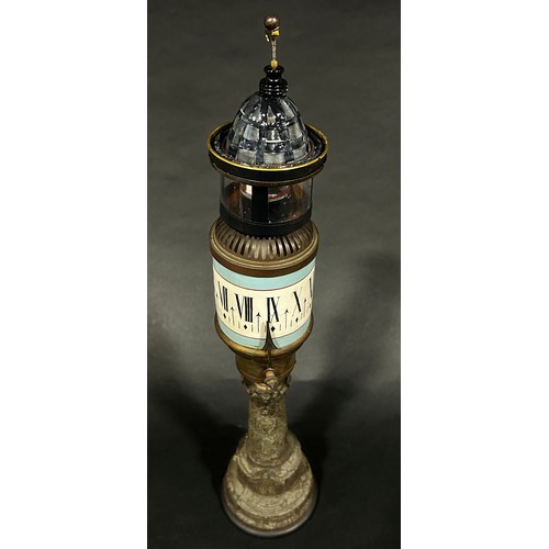 528 - French lighthouse clock with rotating painted ceramic cylinder dial on column with beacon, dome and ... 