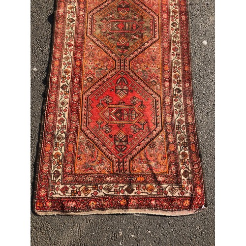 1584 - Vintage Persian Runner, with a run of five hexagonal medallions in amber, iron red and natural wool ... 