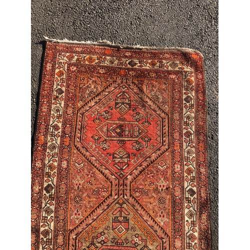 1584 - Vintage Persian Runner, with a run of five hexagonal medallions in amber, iron red and natural wool ... 