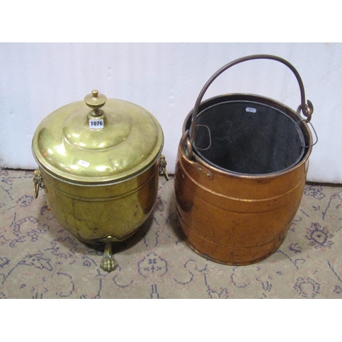 1076 - A vintage copper coal bucket in the form of a coopered barrel with loop handle together with a furth... 