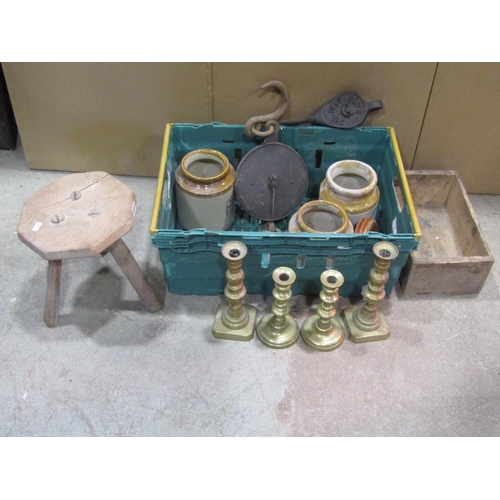 1097 - 2 pairs of brass candlesticks together with 3 stone jars, scales, stool, tape, pulley & advertising ... 