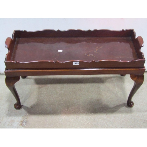 1193 - A Georgian tray raised on a later stand, the tray itself 74 cm x 29 cm, with stand 43 cm high