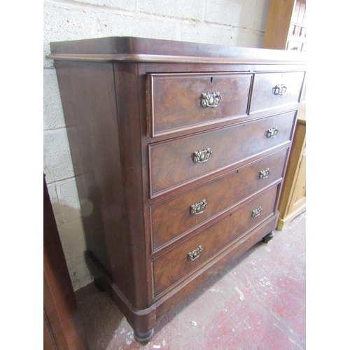 1355 - Victorian and figured walnut bedroom chest two short and three long drawers, raised on a plinth base... 