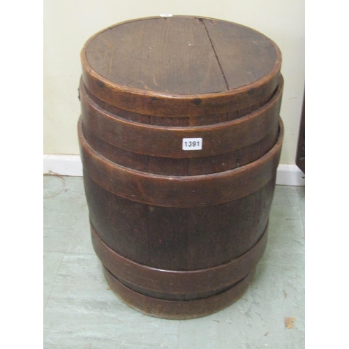 1391 - A coopered oak barrel with removable lid, 55cm high x 40cm diameter together with an Edwardian/1920'... 