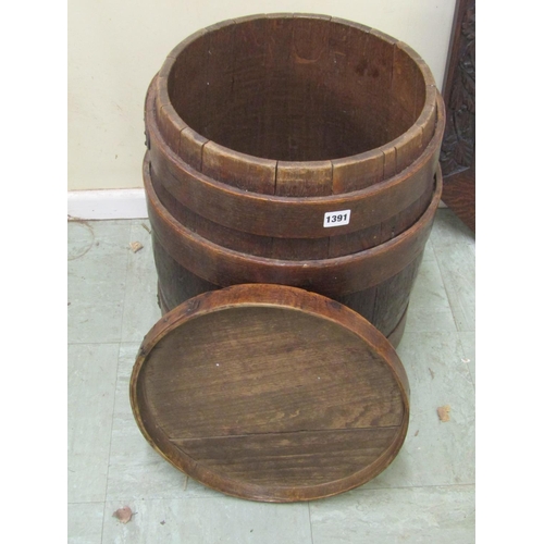 1391 - A coopered oak barrel with removable lid, 55cm high x 40cm diameter together with an Edwardian/1920'... 