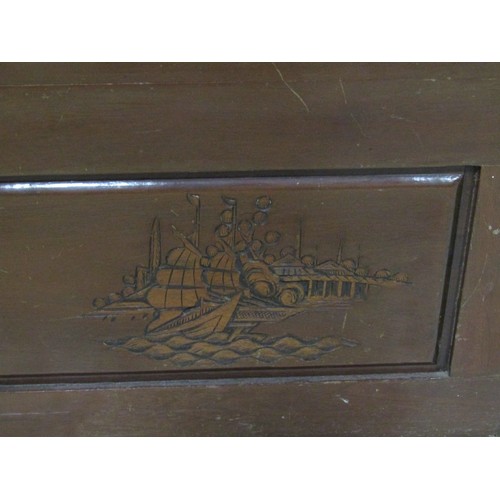 1133 - A camphor wood coffer with hinged lid and carved detail, 40 cm high x 94 cm wide x 46 cm deep