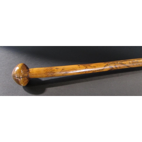 533 - An antique walking stick from Queens Town Tasmania, decorated with indigenous animals including snak... 