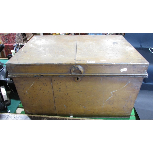 537 - A battered old tin trunk, containing an old wooded tool box containing some oils tools, a blue and w... 