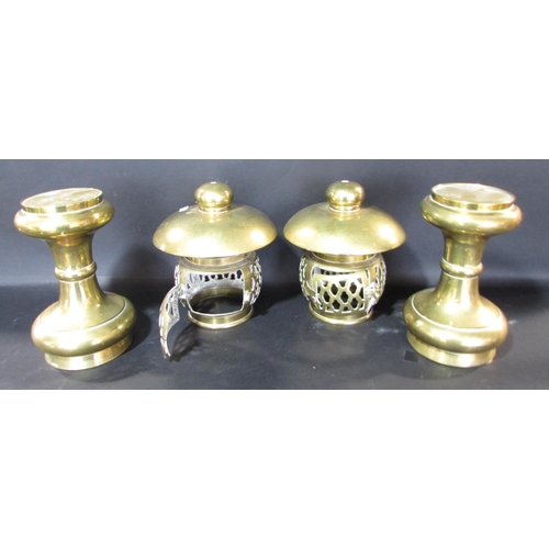 541 - A mixed selection of brass ware, including Middle Eastern coffee pots on stands, incense burners, a ... 