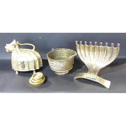 541 - A mixed selection of brass ware, including Middle Eastern coffee pots on stands, incense burners, a ... 