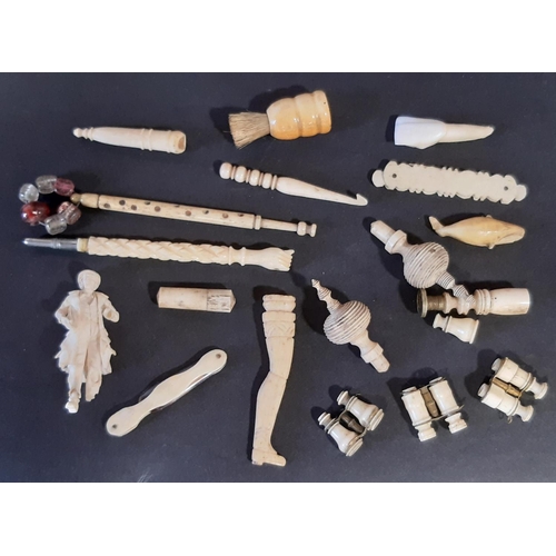 451 - A collection of small turned bone objects to include Stanhopes, binoculars, whistle, etc