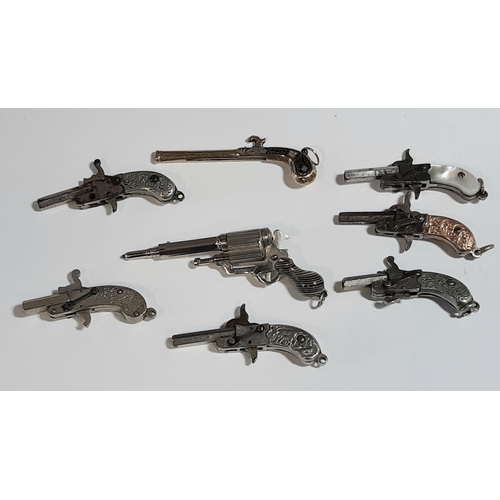 454 - Eight Victorian and later pocket pin and propelling pencil miniature pistols in silver plate, some w... 