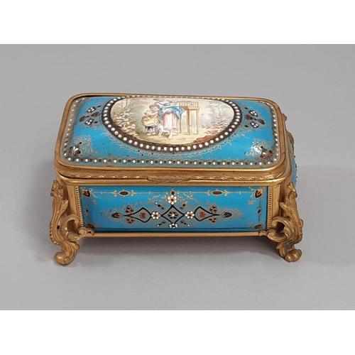 457 - 19th century French porcelain casket, the turquoise panels showing mother and child set within a gil... 