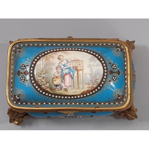 457 - 19th century French porcelain casket, the turquoise panels showing mother and child set within a gil... 