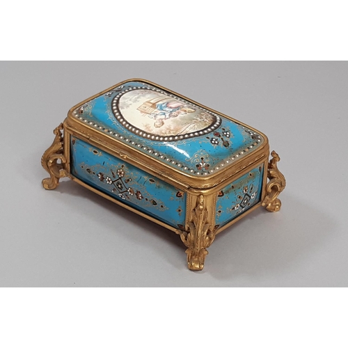 457 - 19th century French porcelain casket, the turquoise panels showing mother and child set within a gil... 