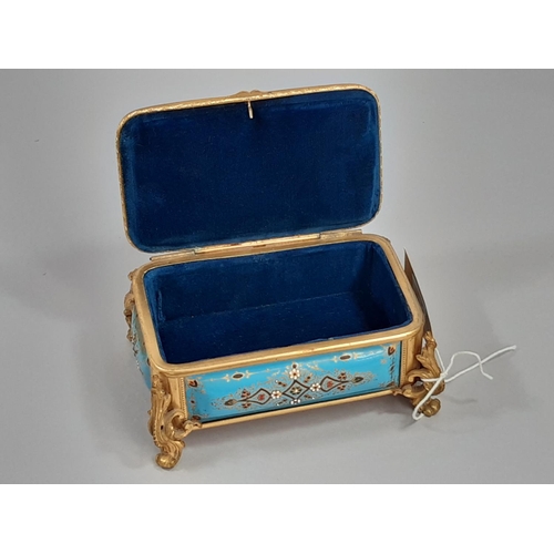 457 - 19th century French porcelain casket, the turquoise panels showing mother and child set within a gil... 