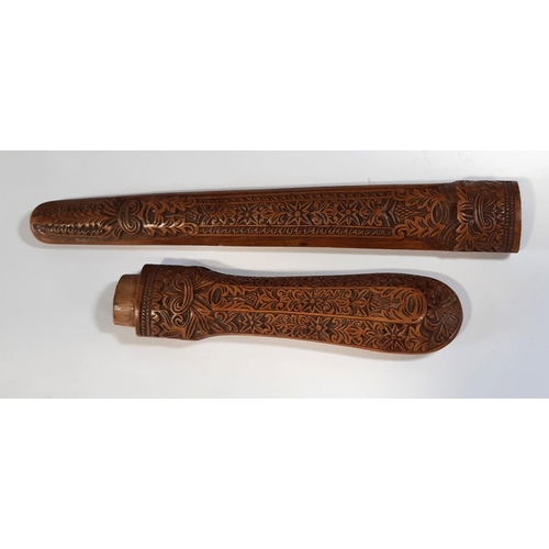 458 - 19th century dagger handle and sheath (lacks blade) with geometric carved detail