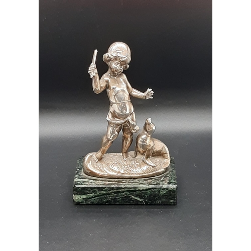 463 - Silver plated model of a child with a seal, marble box