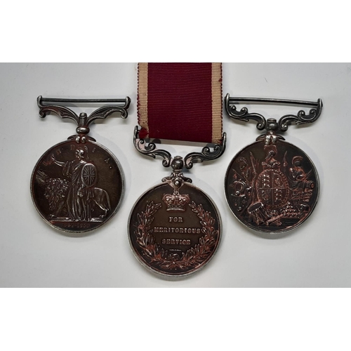 466 - Indian Mutiny medals to include 1857-58 awarded to Joseph Trollope 80th Regt, An Arm Long Service an... 