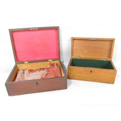 624 - An Edwardian oak desk top stationery box with a fitted interior, together with two mahogany boxes.