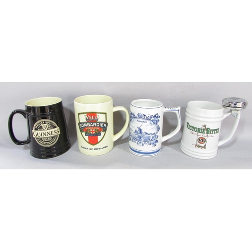 625 - A collection of fourteen pub water jugs advertising brands of whisky, beers and lagers, four beer ta... 