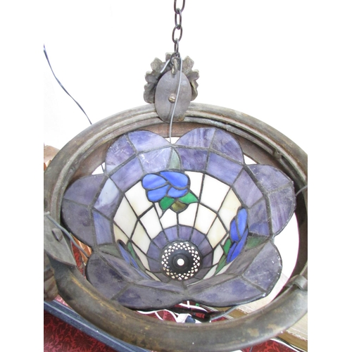 626 - An early 20th century style glass hanging light shade of “leaded” panels with flowers suspended from... 