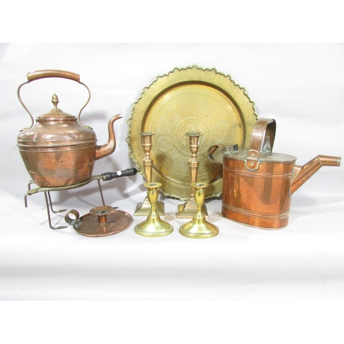 629 - A large Chinese brass tray with central motif 44cm diam, a copper watering can, a copper kettle, a t... 