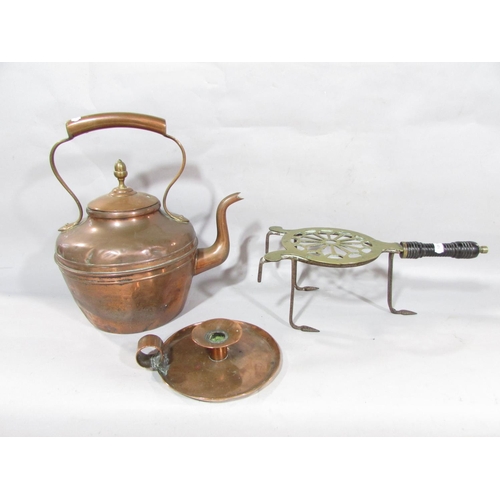 629 - A large Chinese brass tray with central motif 44cm diam, a copper watering can, a copper kettle, a t... 