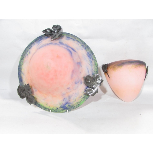 630 - A early 20th century style French glass ceiling light, with a frosted pink sand mottled blue domed s... 