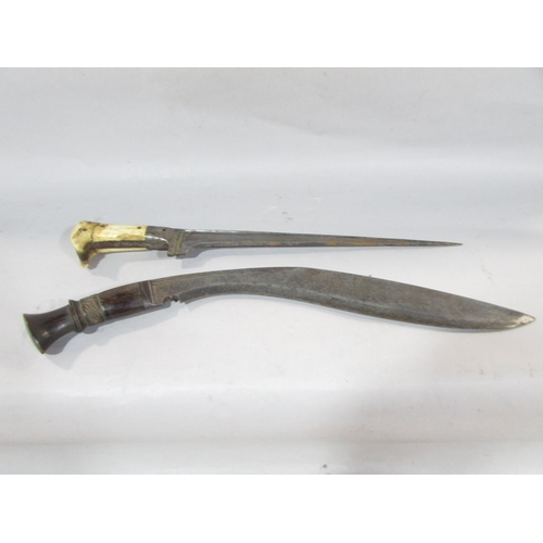 635 - A South East Asian long bladed dagger with a bone handle, 42cm long, a pair of flat handled knives w... 