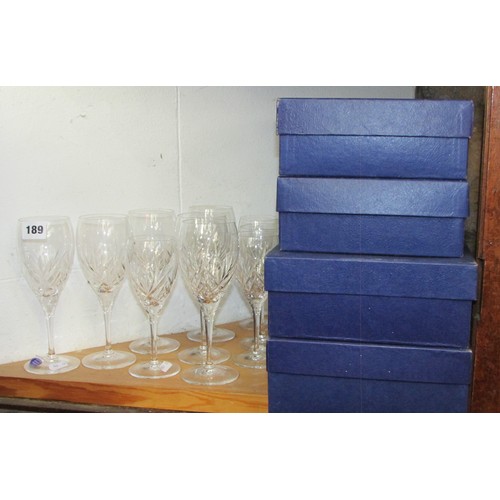 189 - Royal Doulton Lead Crystal Wine Glasses, 12 red wine and 10 white wine, all with their original blue... 