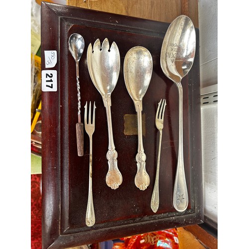 217 - Cased set of six bone handled fish knives and forks and other plated ware, including a large Texas T... 