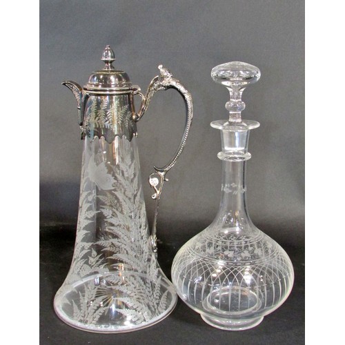 166 - A Victorian claret jug with silver plate mount and engraved ferns and butterflies, a delicate circul... 