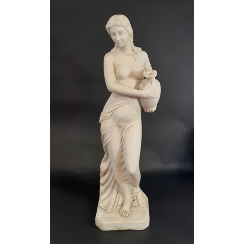 647 - A marble carved statue in the classical style of a semi naked woman holding an vase, 81cm tall.