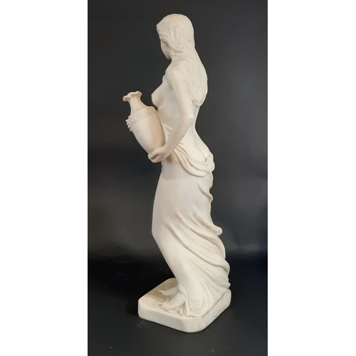 647 - A marble carved statue in the classical style of a semi naked woman holding an vase, 81cm tall.