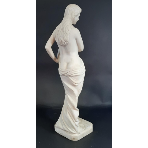 647 - A marble carved statue in the classical style of a semi naked woman holding an vase, 81cm tall.