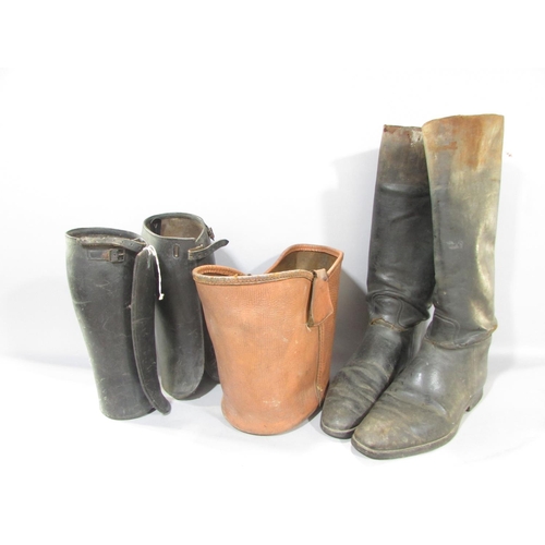 540A - A pair of riding boots, pair of gaters, shoe lasts,  a leather bucket wooden cut out animals,  and a... 