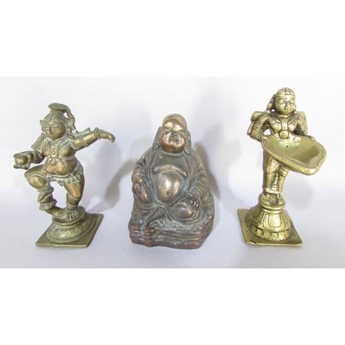 640 - A collection of eight various brass Indian Hindu deities and temple figures, a Buddha, and a small T... 