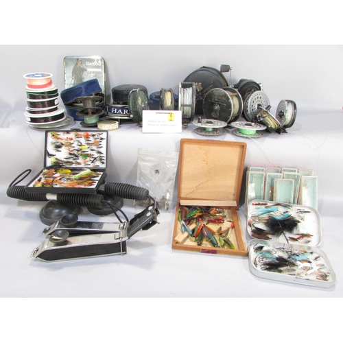 641 - A mixed selection of fishing equipment including five Hardy fishing reels, numerous other types of f... 