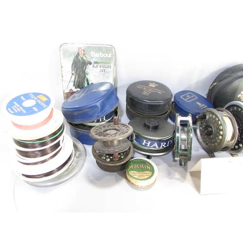 641 - A mixed selection of fishing equipment including five Hardy fishing reels, numerous other types of f... 