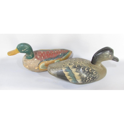 644 - A collection of hand painted wooden decoy ducks, chickens, waders etc