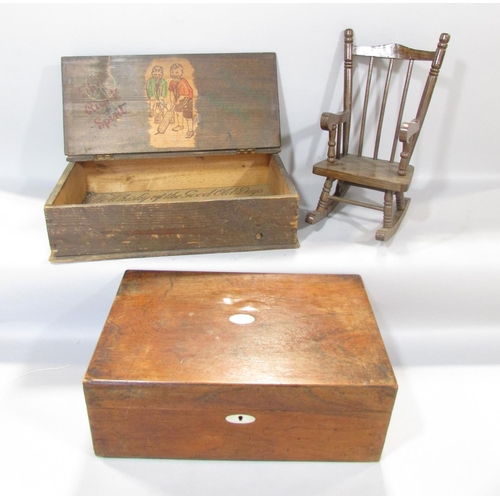 647A - A Teacher Whisky wooden crate for two bottle, circa 1900’s, a miniature wooden rocking chair, and a ... 