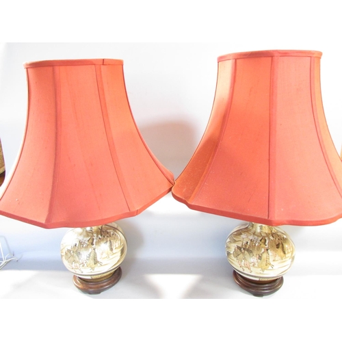 649 - A pair of Japanese Satsuma vases converted to electric lamps, both with red silk pagoda lamp shades.