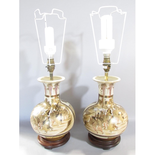 649 - A pair of Japanese Satsuma vases converted to electric lamps, both with red silk pagoda lamp shades.