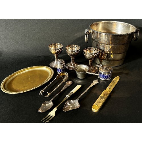 225 - A mixed collection of silver plated items including an ice bucket/ wine cooler, a tureen with remova... 