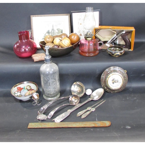 536 - A miscellaneous collection of items including some wooden fruit, a W. Everett Cromer Soda Siphon, a ... 