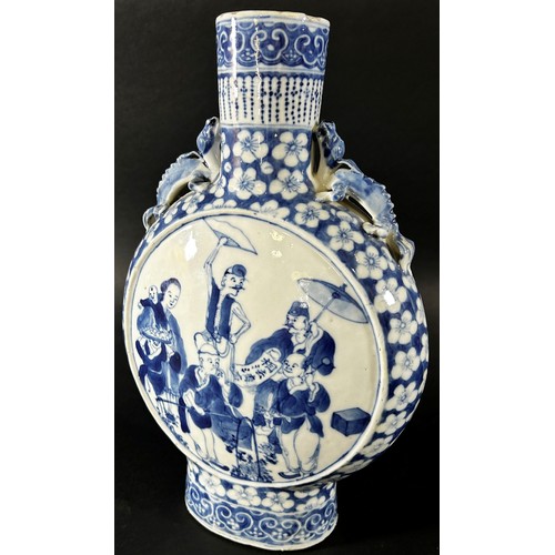 45 - A 19th century Chinese blue & white porcelain moon flask with character detail with prunus blossom b... 